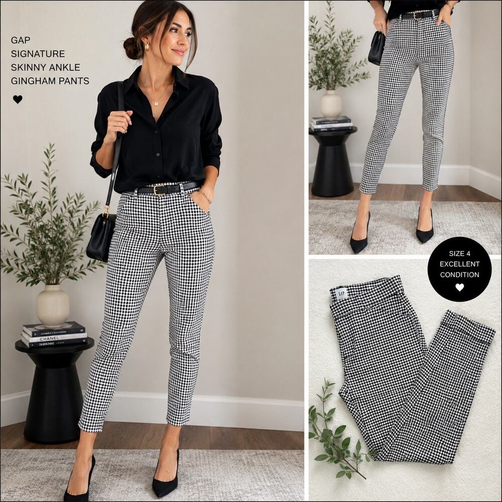 GAP Signature Skinny Ankle Gingham Pants Black White Stretch Career Preppy Sz 4